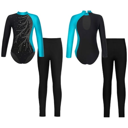 Aislor Girls Sparkly Long Sleeves Gymnastics Leotard Ballet Dance Bodysuit Unitard with Leggings Set Size 6-16 Green&Black 10