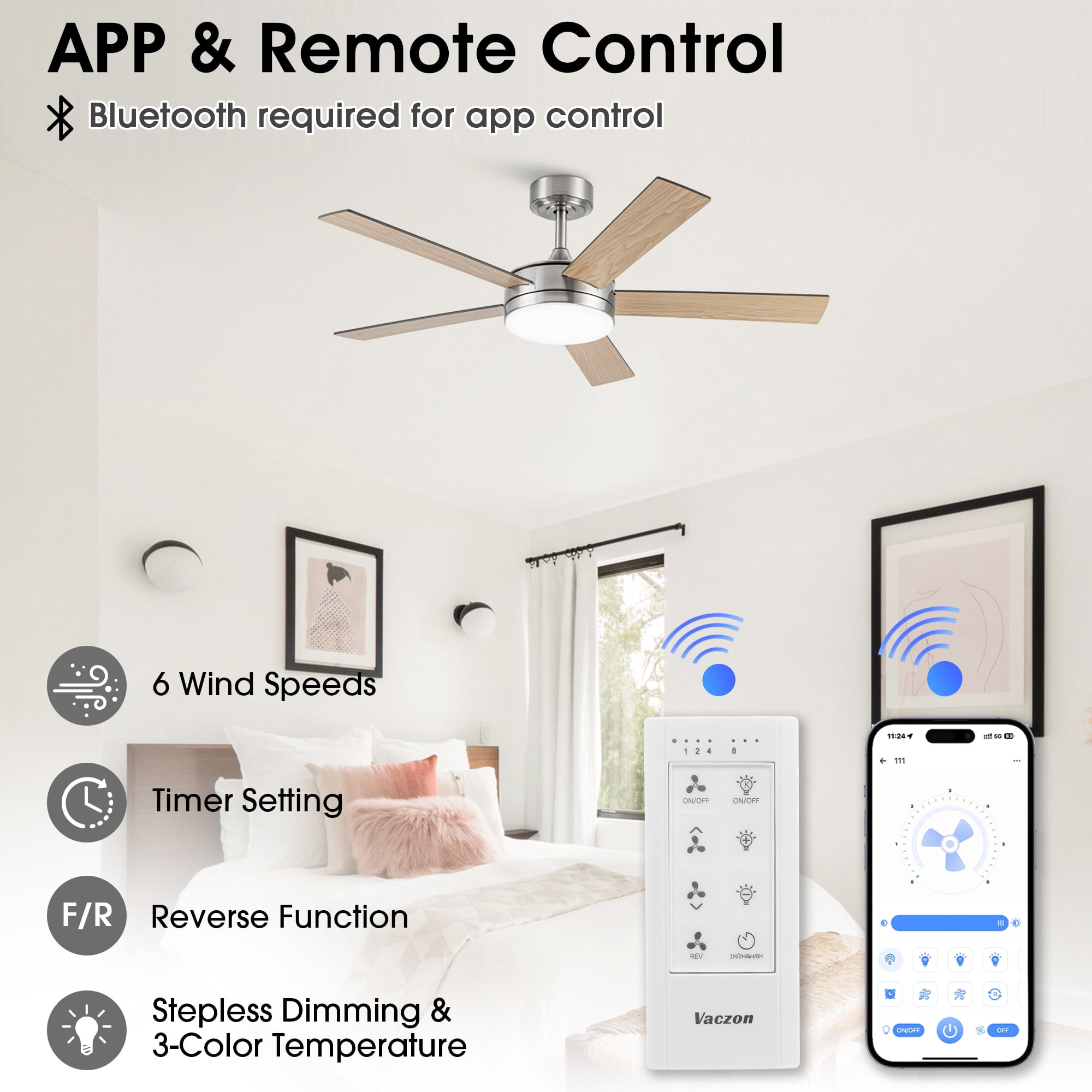 Vaczon 48" Modern Brushed Nickel Smart Ceiling Fan with Light and Remote for Living Room and Dining Room