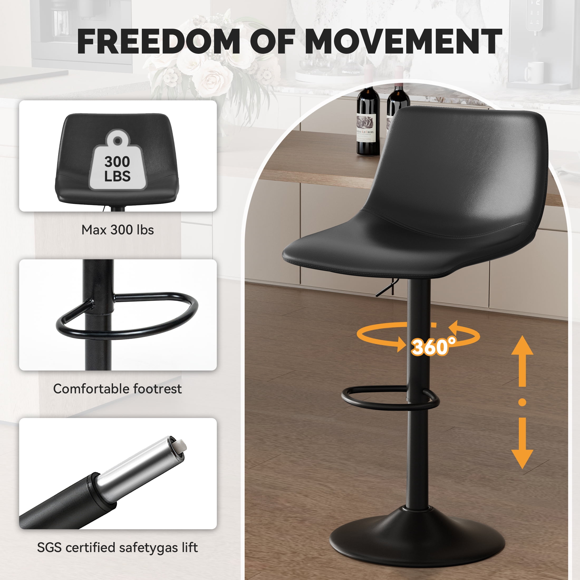 Hawsaiy Modern Swivel Bar Stools Set of 2, Adjustable Faux Leather Counter Height Chairs with Back for Kitchen Island, Black