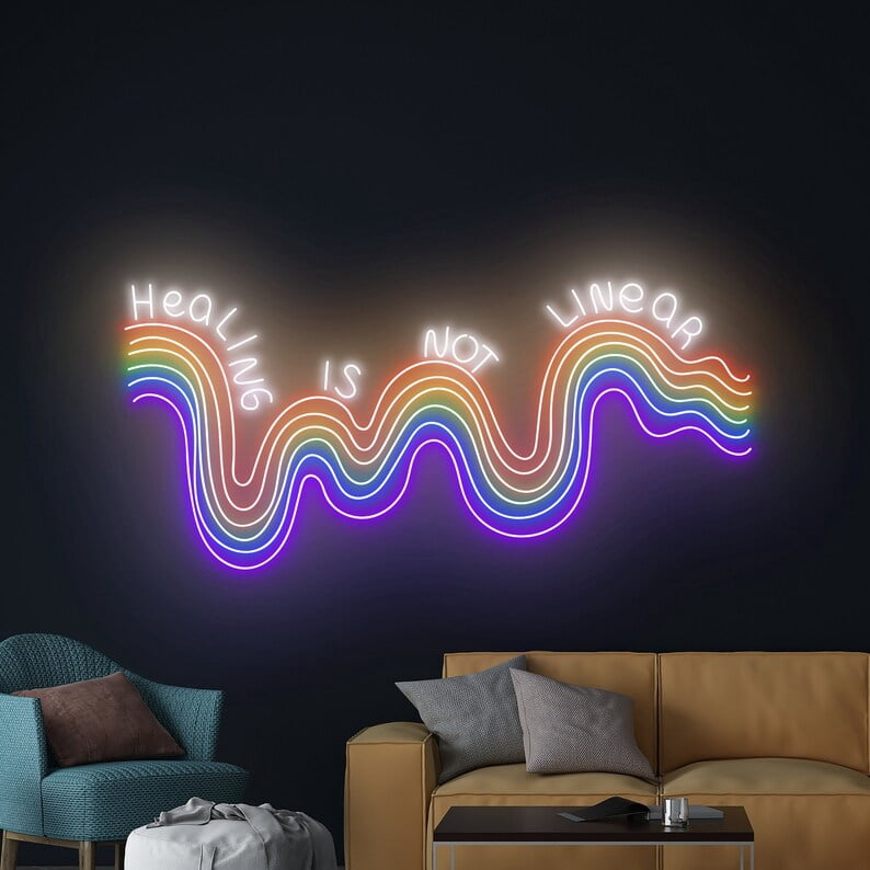 Handmadetneonsign Healing Is Not Linear Neon Sign, Positivity Wall Art Decor, Rainbow Wall Decor