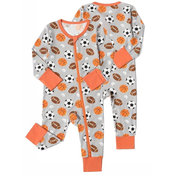 ATAIKU Infant Baby Footless Pajamas, Bamboo Newborn Boys Zipper Sleepers with Mitten Cuffs, Sleep Play PJs - Football