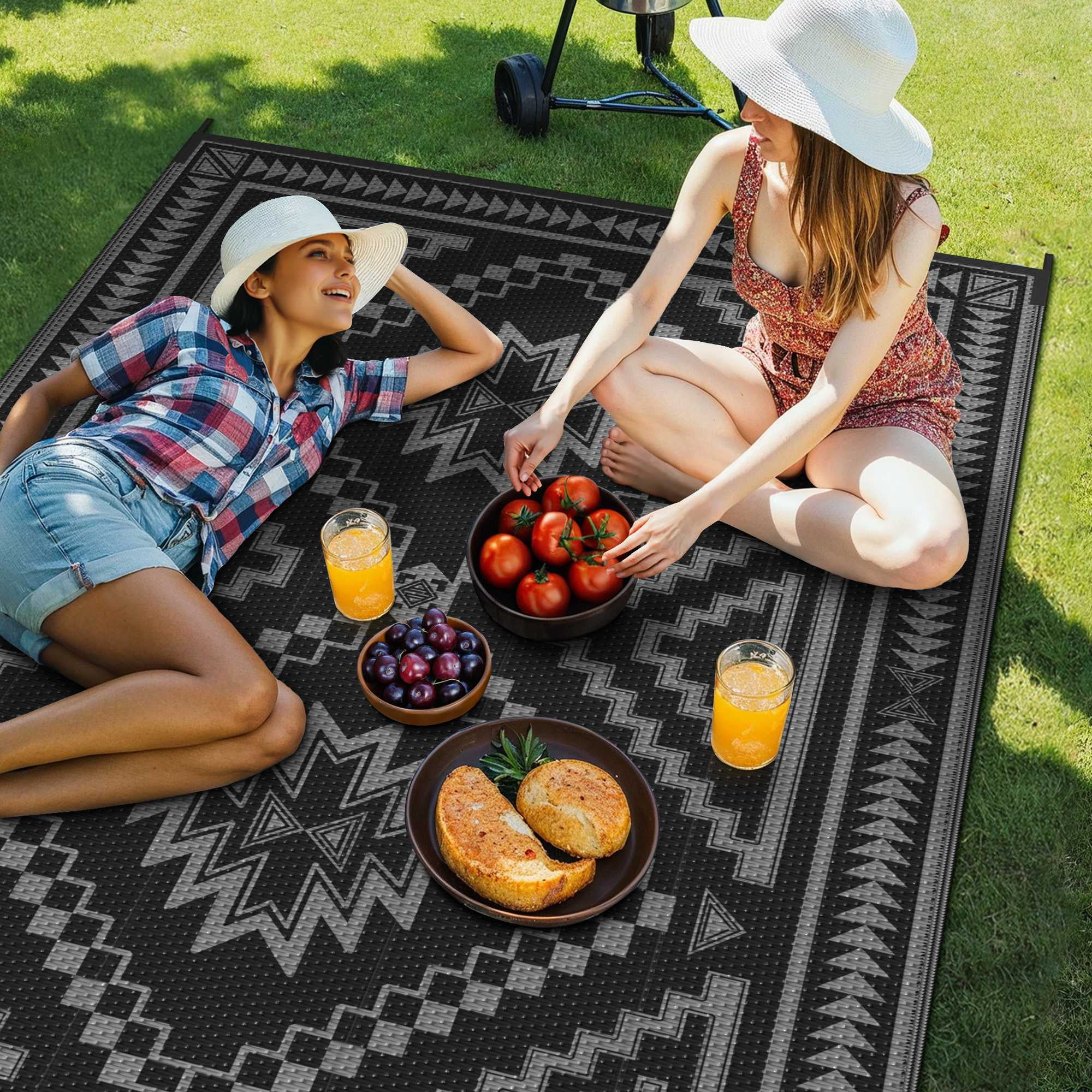 KUETH 5' x 8' Outdoor Rug Waterproof for Patio Carpet Plastic Reversible Straw Outdoor Rug for Camping Picnic Geometric Mat ,Black & Gray