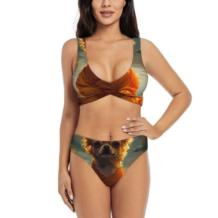 Zeuib Maple Leaf Meditating Chihuahua High Waisted Tummy Control Bikini Set - Knot Front Push Up Top & Cheeky Thong Bottom  Two-Piece Swimsuit for Women-XX-Large