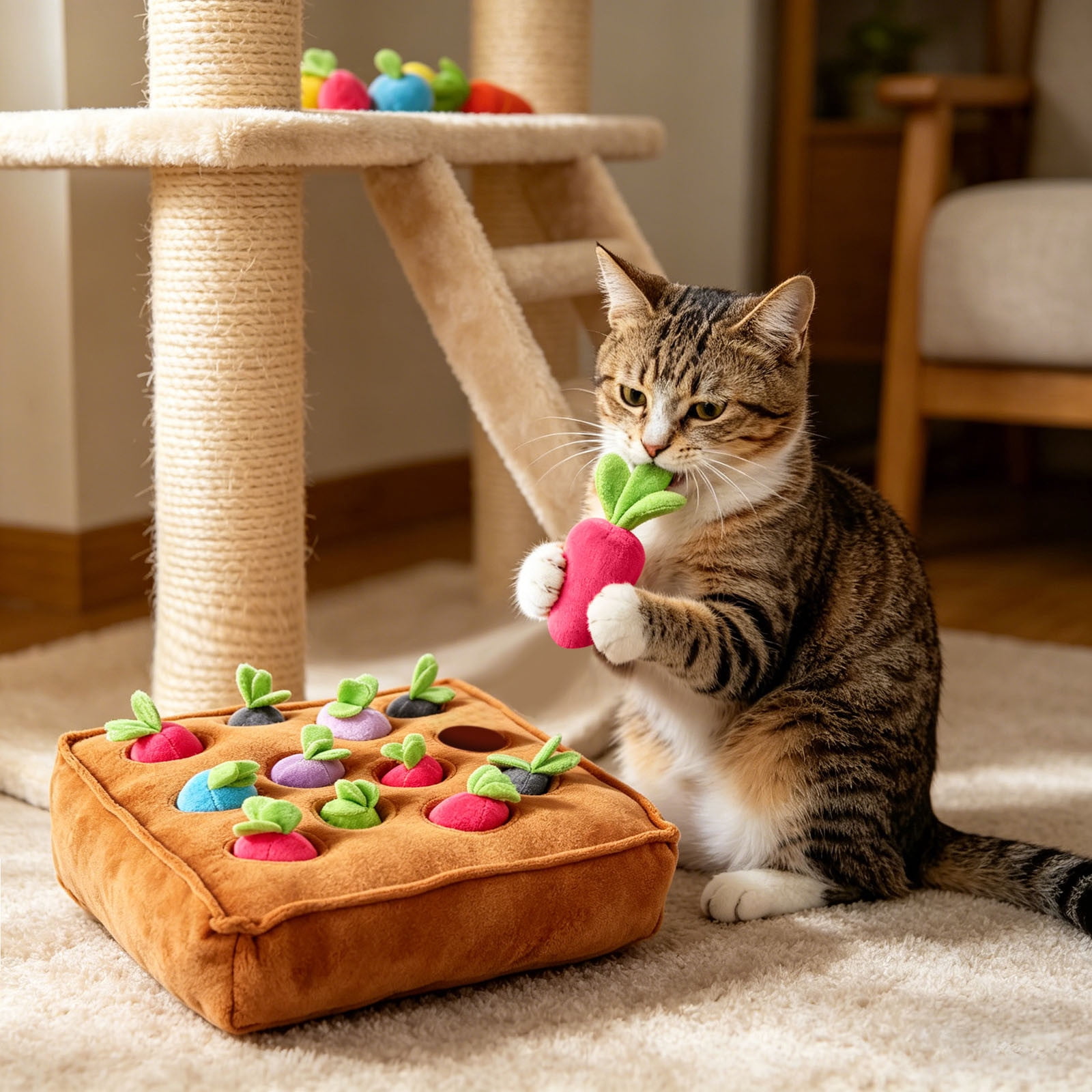 Interactive Dog Puzzle Toy Carrot Pull Pet Toy with Crinkle Sound Plush Vegetable Patch Hide-and-Seek Game for Cats and Dogs