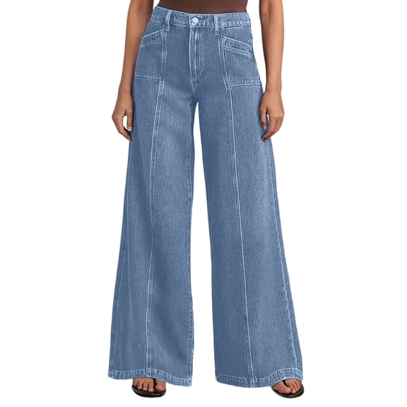 Ruimatai Women's High Waist Wide Leg Jeans Seam Stitch Patch Pocket Vintage Full Length Denim Trousers