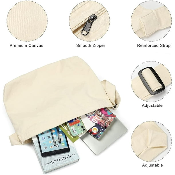 Laibmfc Canvas Hobo Bag, Shoulder Bag Unisex Canvas Crossbody Bag With Zipper And Adjustable Strap Handbag Large Tote Bag Beige