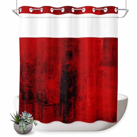 No Hook Shower Curtain, Red Shower Curtains for Bathroom with See Through Top Window, Retro Oil Painting Modern Abstract Art Aesthetics Waterproof & Washable Bath Curtain 66"x72"