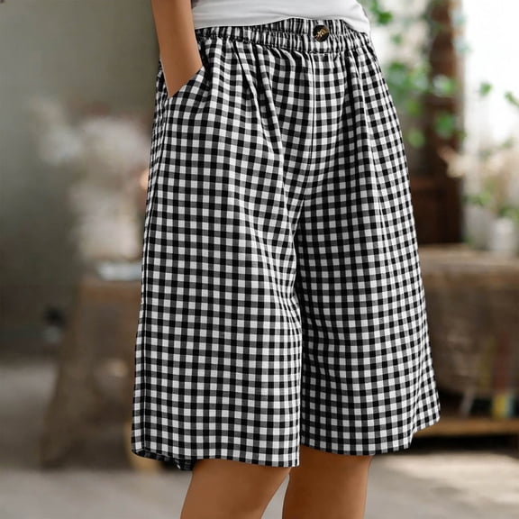 Guieoi Shorts for Women Plus Size 5/8-Length Cotton-Linen Blend Checkered Shorts,Casual Shorts Black 0 L