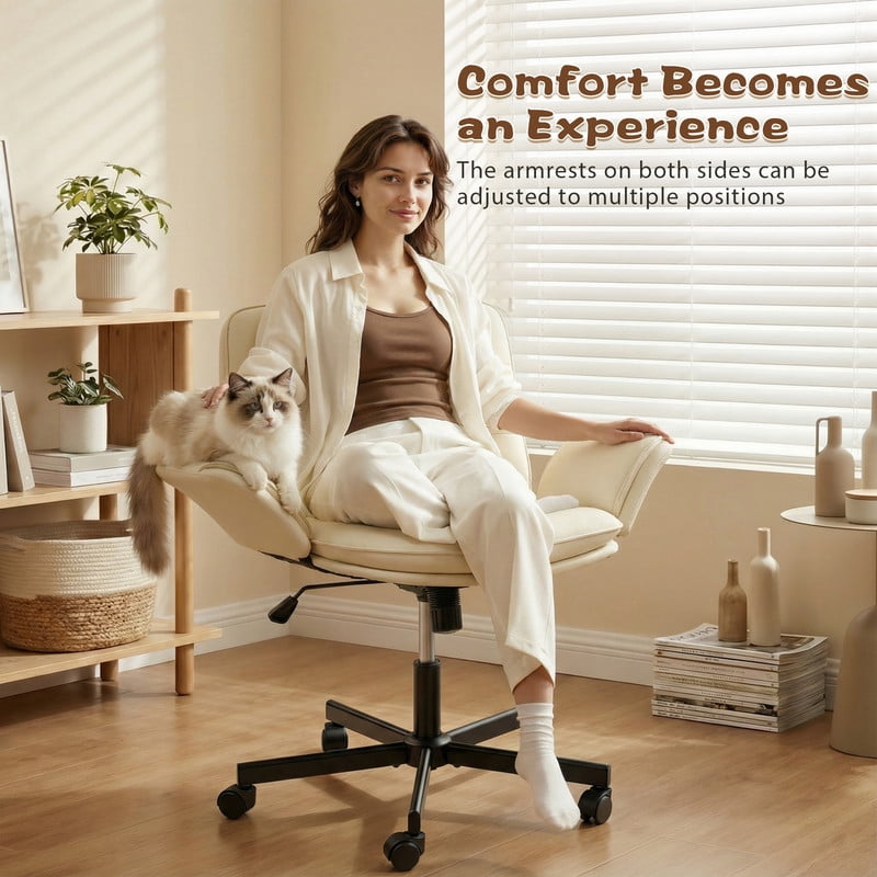 Homall Cross Legged Chair with Armrests and Wheels, PU Leather Vanity Chair, Adjustable Swivel Computer Office Chairs for Home Office, Make Up, Beige