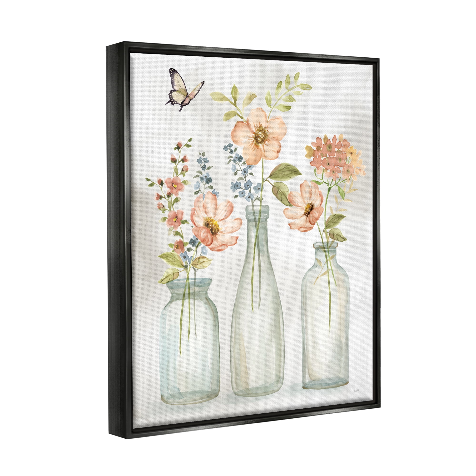 Stupell Industries Soft Pink Flower Vases Botanical & Floral Painting Black Floater Framed Canvas Art Print Wall Art, 17 x 21
