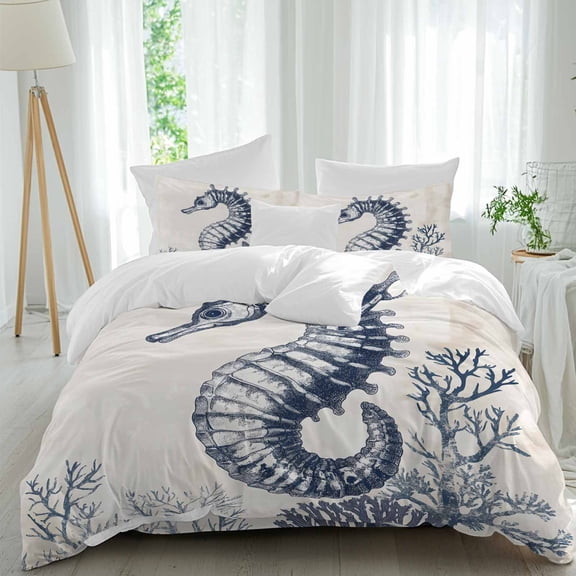 Ocean Seahorse Duvet Cover Set Twin Size, Retro Coral 4 Piece Soft Microfiber Bedding Set with 1 Duvet Cover, 1 Flat Sheet, 2 Pillowcases