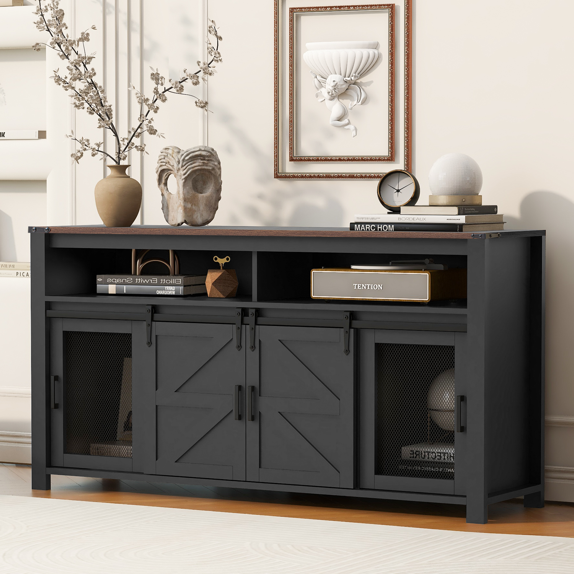 Euroco 59" Buffet Cabinet with Storage, Farmhouse Sideboard Cabinet with Sliding Barn Door and Open Storage Shelf,Wood Coffee Bar Table for Kitchen, Dining Room,Black