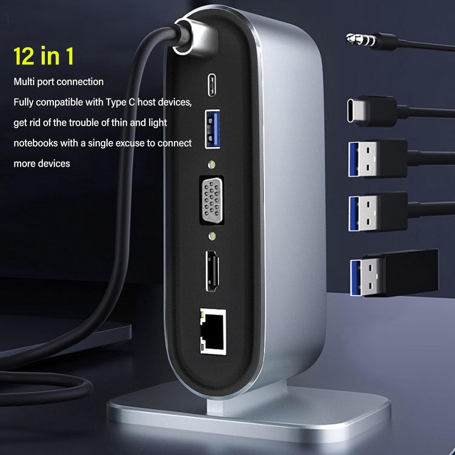 Vertical USB C Docking Station with HDMI 4K, VGA, 100W PD 3.0, USB 3.0, Ethernet 100GB, SD TF, USB A, Audio Port, USB C 4K Display Docking Station for MacBookPro