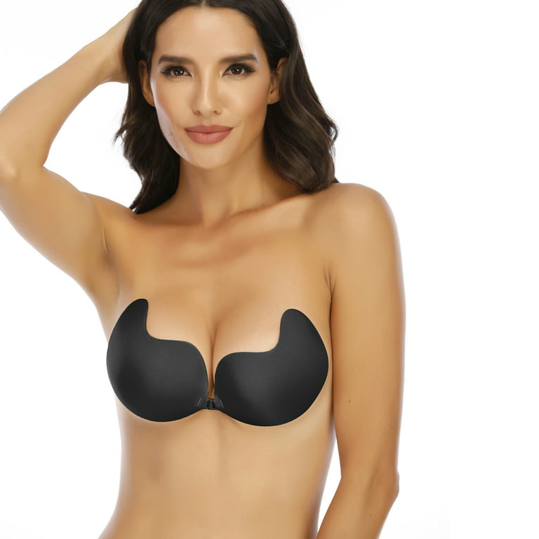 STTOAY Adhesive Invisible Bras for Women, Seamless Silicone Sticky Bralette  Strapless Front Closure Push Up Bra, Black, B Cup