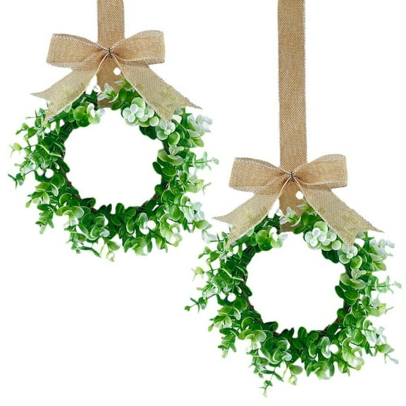 2PCS Kitchen Cabinet Wreaths Boxwood Wreaths with Ribbon Artificial Green Leaves Wreaths Decorative Hanging Wreaths for Cabinet Wall Window Front Door Decors
