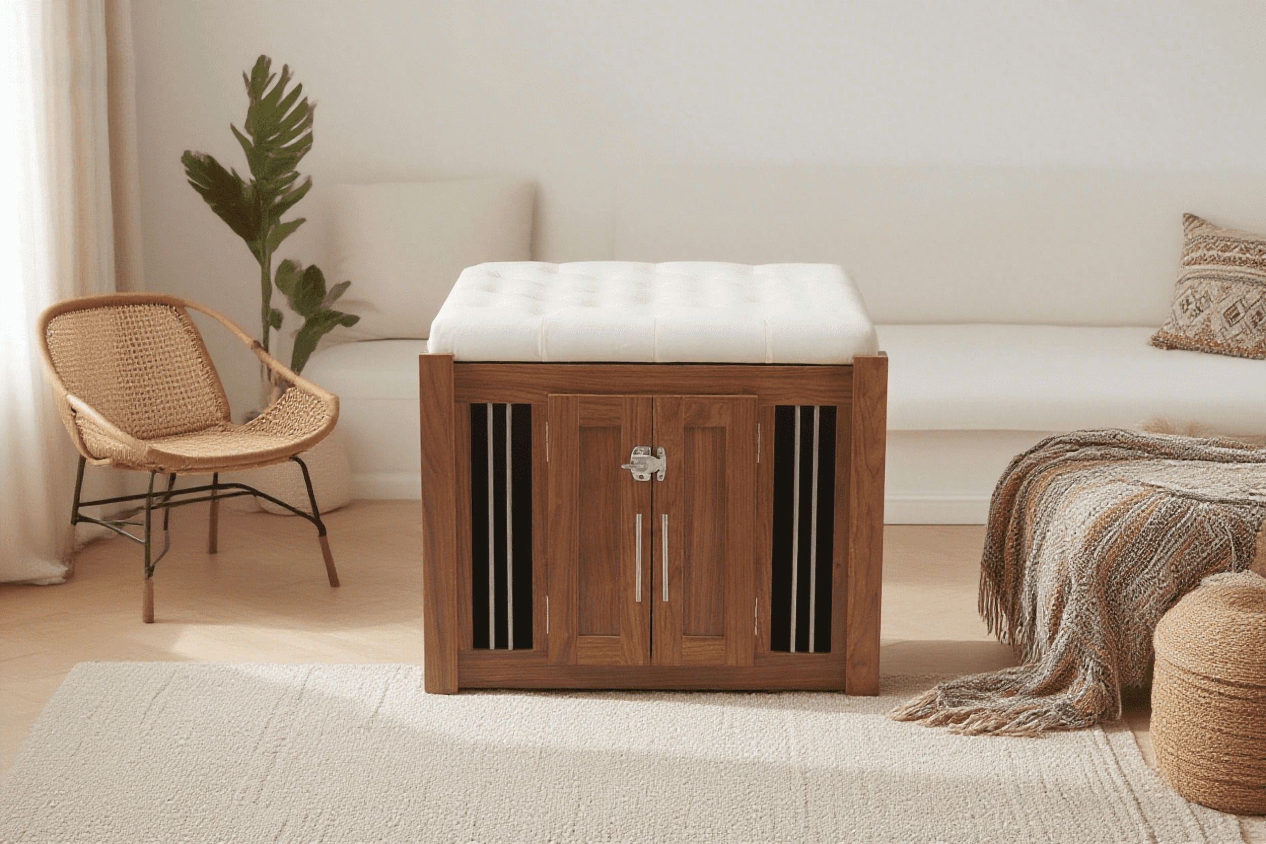 Euroco 30.25"L, Furniture Style 2 in 1 Dog Crate with Padded Seat, Sliding Barn Door, Luxury Wooden Dog Kennel, End of Bed Bench Ottoman with Removable Cushion for Bedroom, Living Room, Walnut
