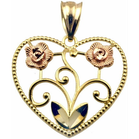 US GOLD Handcrafted 10kt Gold Two-Tone Floral Heart Charm Pendant