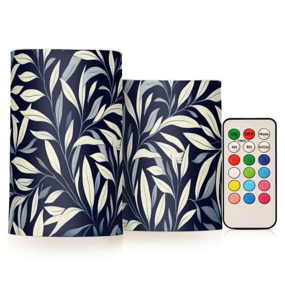 Blue and Gray Leaves Flickering Flameless Candles Battery Operated with Remote Timer LED Pillar Candles Set of 2