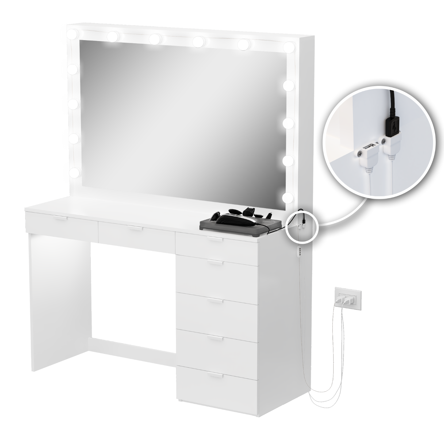 Ember Interiors Peggy Modern White Painted Vanity Table, Lights, USB Port, for Bedroom - image 3 of 6