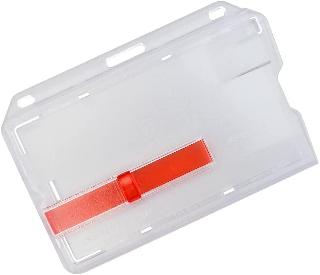 Bulk 100 Pack - Heavy Duty Hard Plastic Horizontal Badge Holder with Red Extractor Slide Out Tab - Easy Access Clear I'D Card Protector Case for Single Standard Credit Card Size Cards by Specialist ID