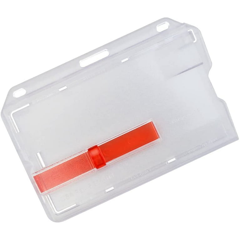 Bulk 100 Pack - Heavy Duty Hard Plastic Horizontal Badge Holder with Red  Extractor Slide Out Tab - Easy Access Clear I'D Card Protector Case for  Single Standard Credit Card Size Cards