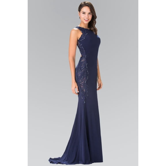 Women's Elizabeth K Open Back Long Evening Elegant Dress Gl2222 Navy Blue Size 2XL