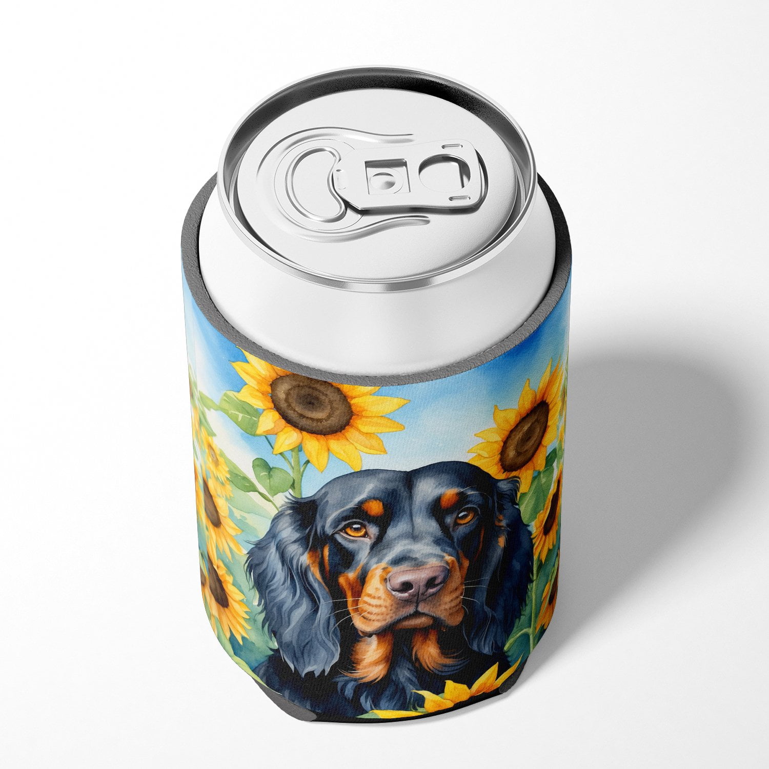 Gordon Setter in Sunflowers Can or Bottle Hugger 3 in x 5 in