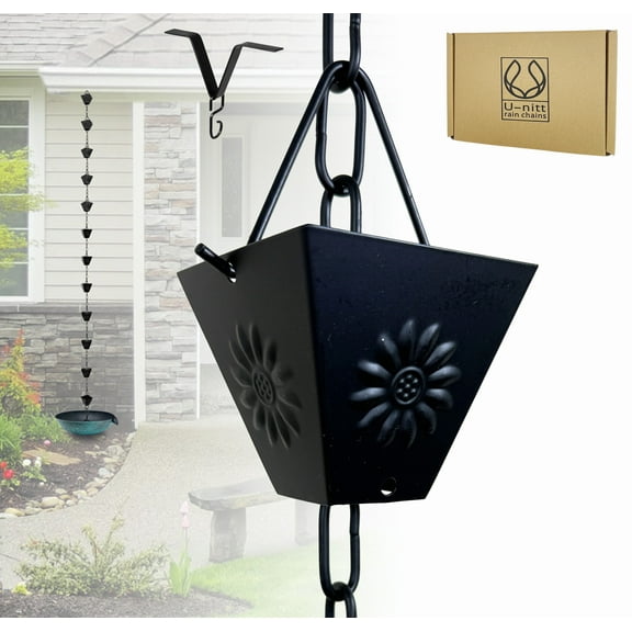 U-nitt Rain Chains, Roof Gutter Downspout Channel, Rainwater Catcher/Diverter, 8.5 FT, Metal, Black Powder Coated, Sunflower Square Cup, 5515BLK
