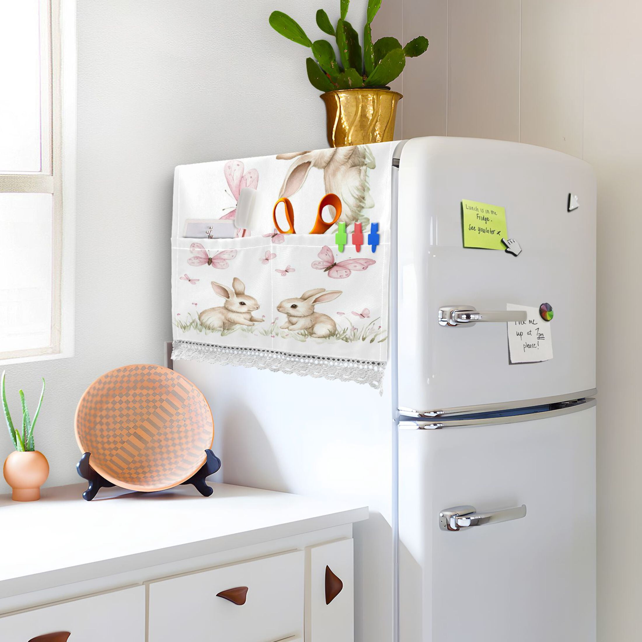 Rabbits Playing with Pink ButterfliesWasher and Dryer Covers Dust-Proof and Oil Resistant Fridge Cover with 4 Storage Pockets Washing Machine Top Cover for Laundry Kitchen Home 51.2 x 22 In