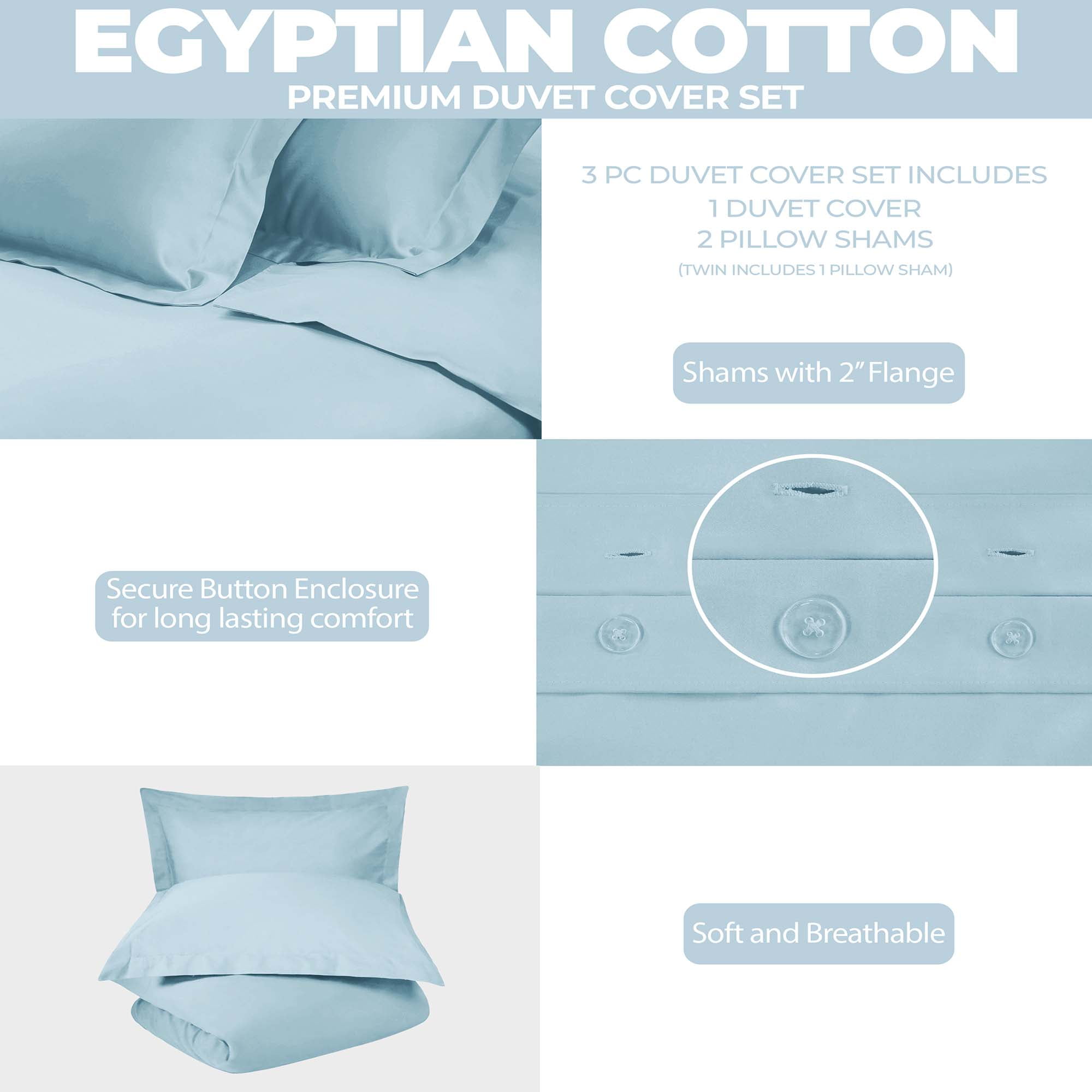 BNM 300 Thread Count Egyptian Cotton Duvet Cover Set, Twin, Light Blue
