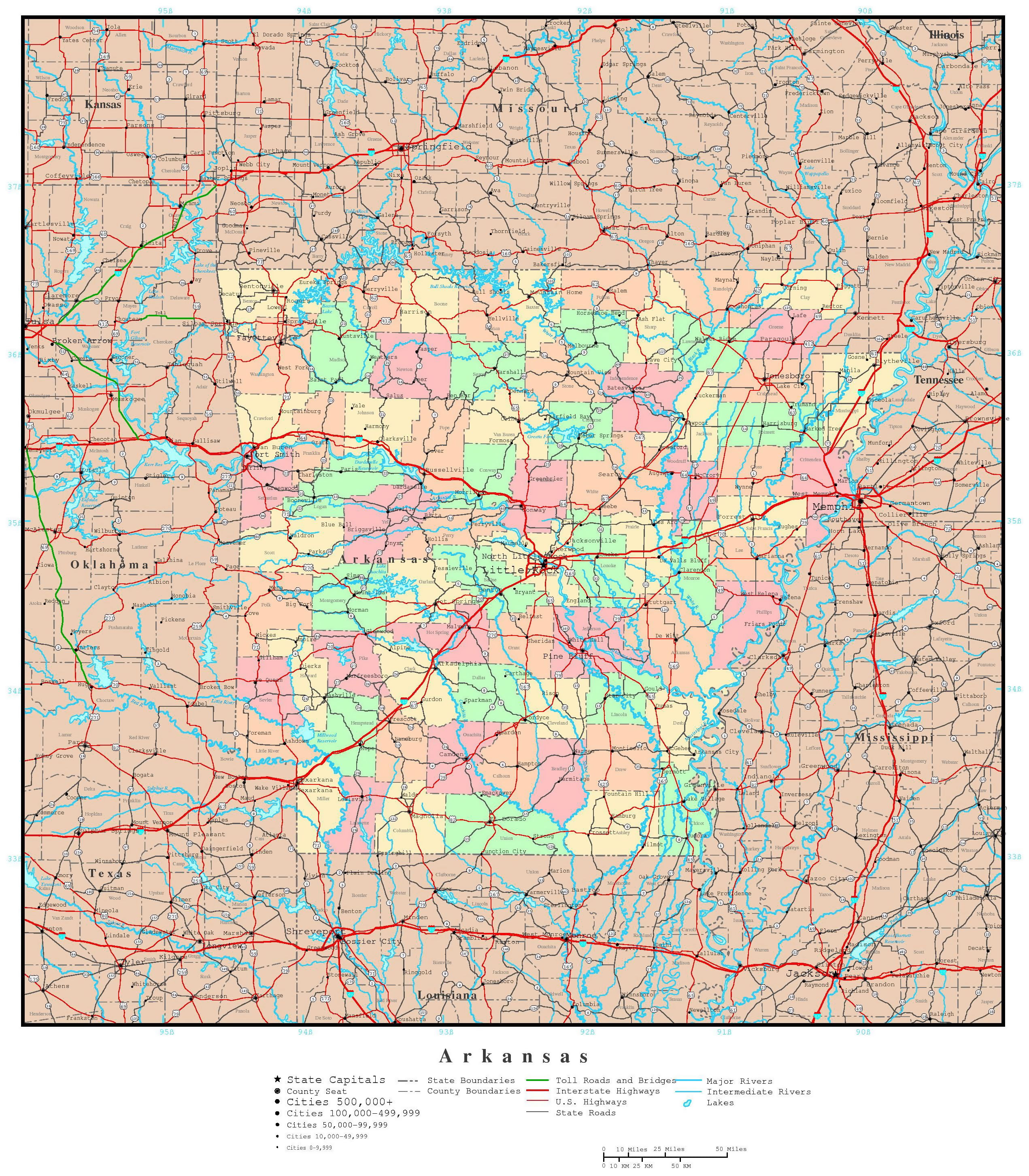 Laminated Map Large detailed administrative map of Arkansas state