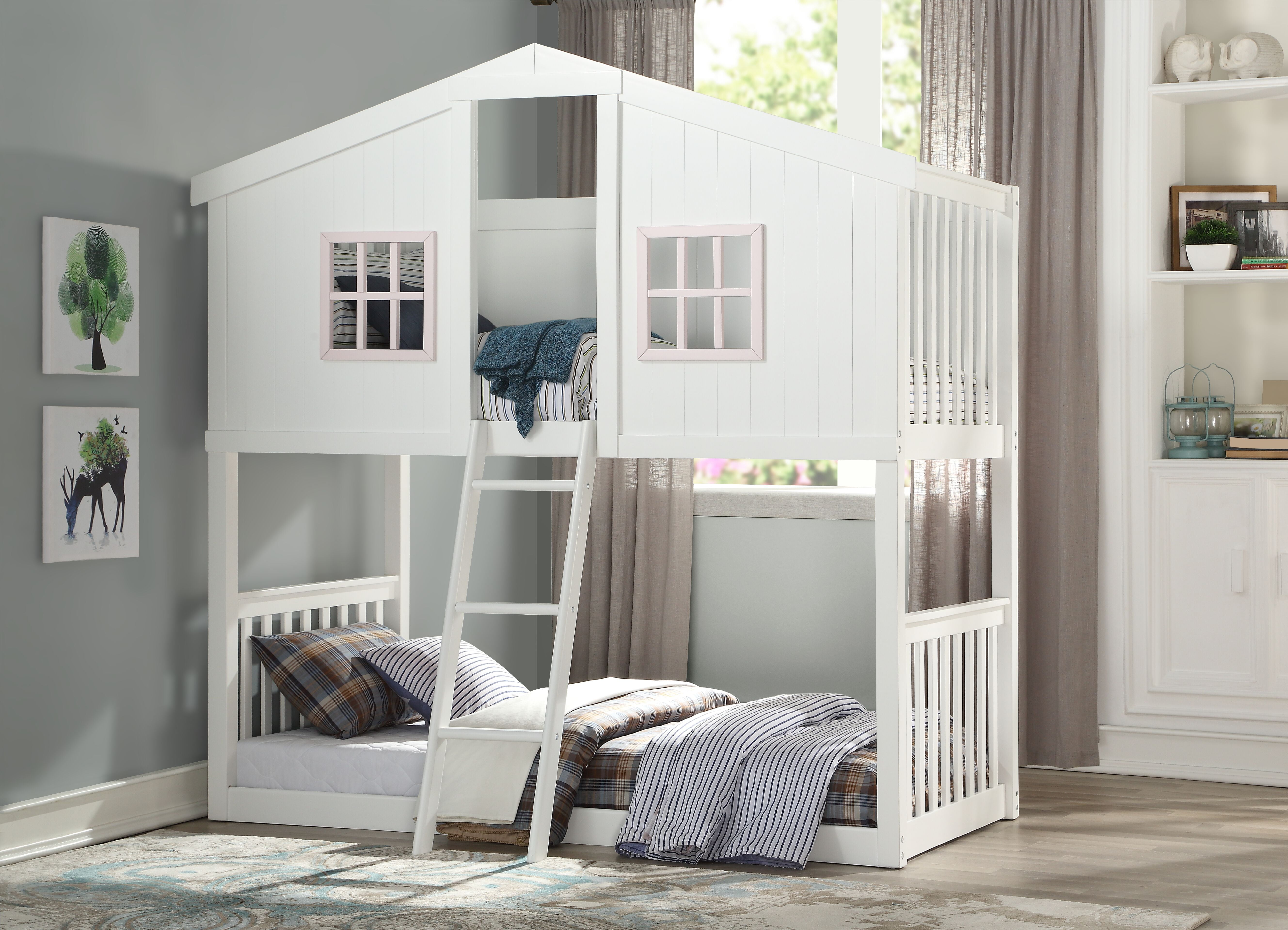 Acme Furniture Rohan Cottage Twin Over Twin Bunk Bed in White & Pink