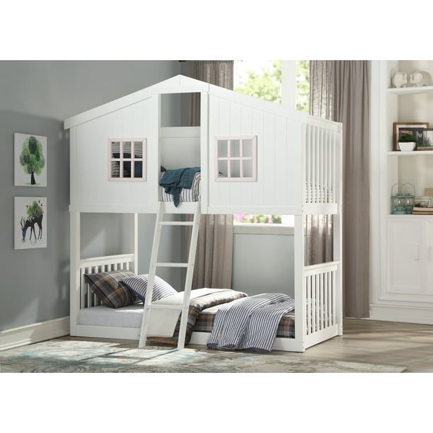 Acme Furniture Rohan Cottage Twin Over Twin Bunk Bed in White & Pink