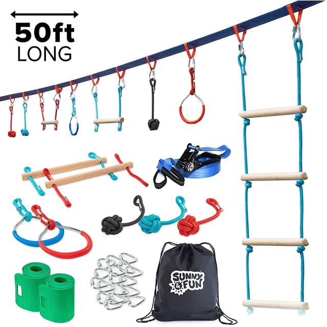 Sunny & Fun Portable 50 Foot Slackline Monkey Bar and Ladder Kit - Kids Swinging Obstacle Course Set - Bars, Fists, Gymnastics Rings - 250lb Capacity - Storage Bag & Tree Protectors Included