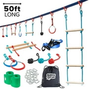Sunny & Fun Portable 50 Foot Slackline Monkey Bar and Ladder Kit - Kids Swinging Obstacle Course Set - Bars, Fists, Gymnastics Rings - 250lb Capacity - Storage Bag & Tree Protectors Included