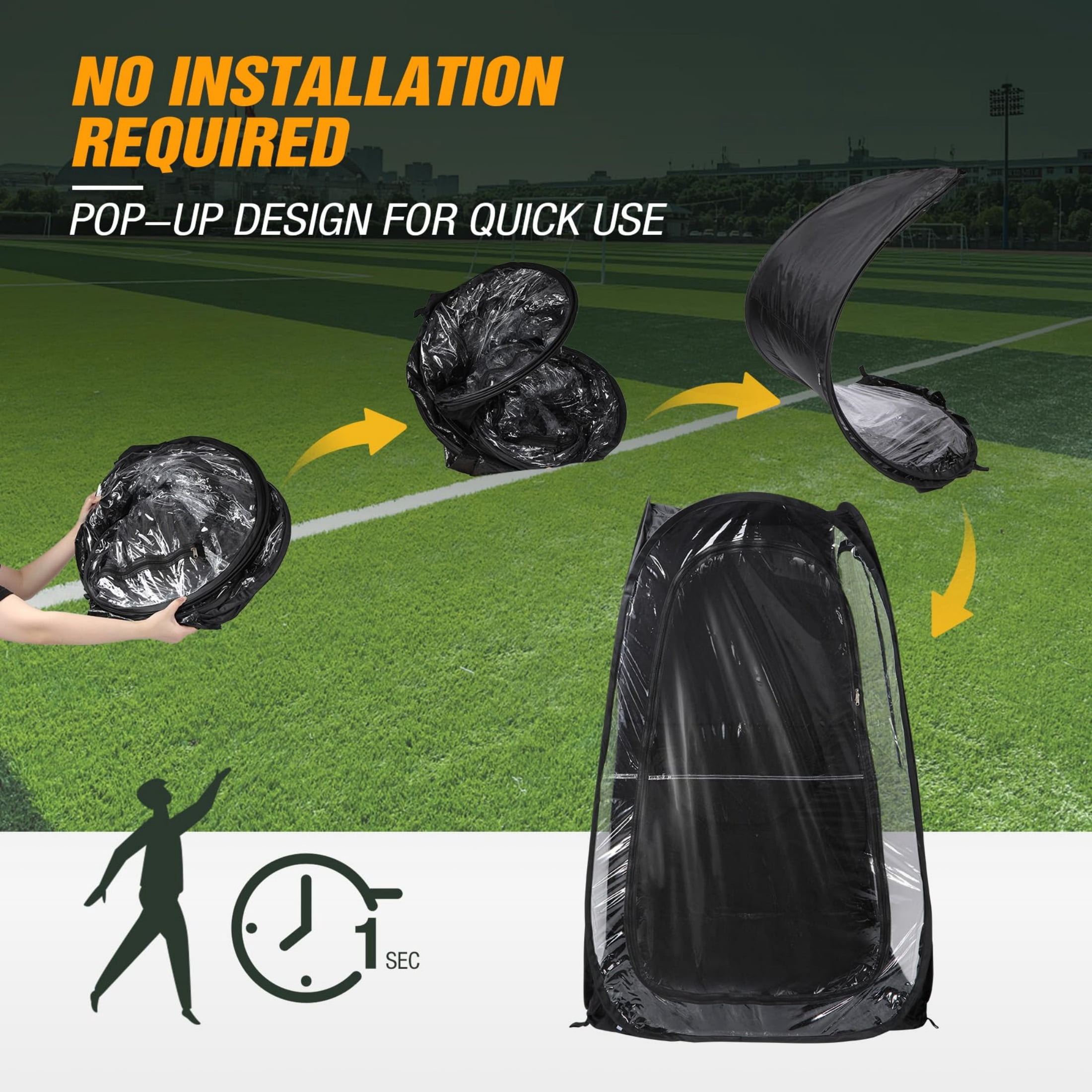 REDCAMP Sports Tent Pop-Up Shelter, 1 Person All-Weather Tent, Waterproof Windproof Rain Pod, Instant Setup Clear Pop-Up Shelter for Soccer, Baseball, Fishing, Black
