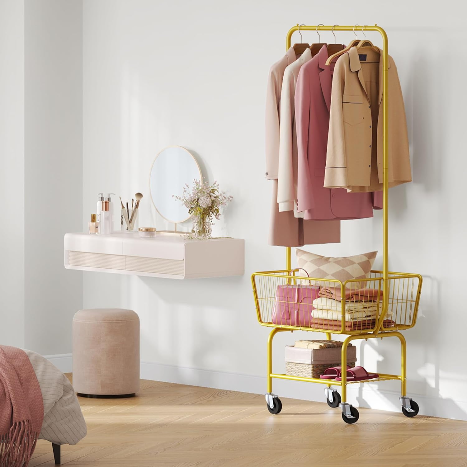 Laundry Cart with Wheels, Metal Rolling Laundry Hamper with Hanging Rack, Storage Basket and Shelf, Gold