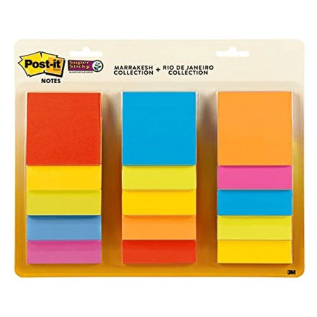 Post-it Super Sticky Notes, 3x3 in, 15 Pads, 2x the Sticking Power, Marrakesh and Rio de Janeiro Collection, Bright Primary Colors, Recyclable (654-15SSMULTI)