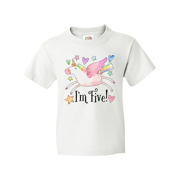 Inktastic I'm 5 Cute Rainbow Unicorn with Stars and Hearts Youth T-Shirt