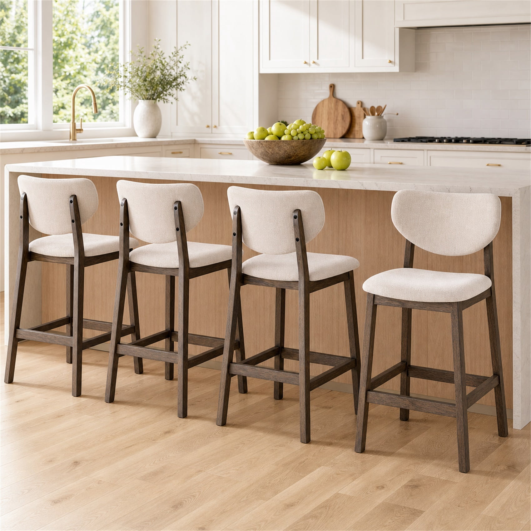 TrumanPick 26" Counter Height Bar Stools Set of 2, Modern Linen Upholstered Barstools with Back & Wood Legs, Farmhouse Kitchen Island Chairs for Dining Room Bar, Beige