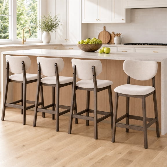 TrumanPick 26" Counter Height Bar Stools Set of 4, Modern Linen Upholstered Barstools with Back & Wood Legs, Farmhouse Kitchen Island Chairs for Dining Room Bar, Beige