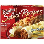 Banquet Select Recipes: Bean, Beef and Textured Soy Protein Burrito Smothered In Queso Sauce With Mexican Style Rice and Refried Beans Meal, 11.25 oz