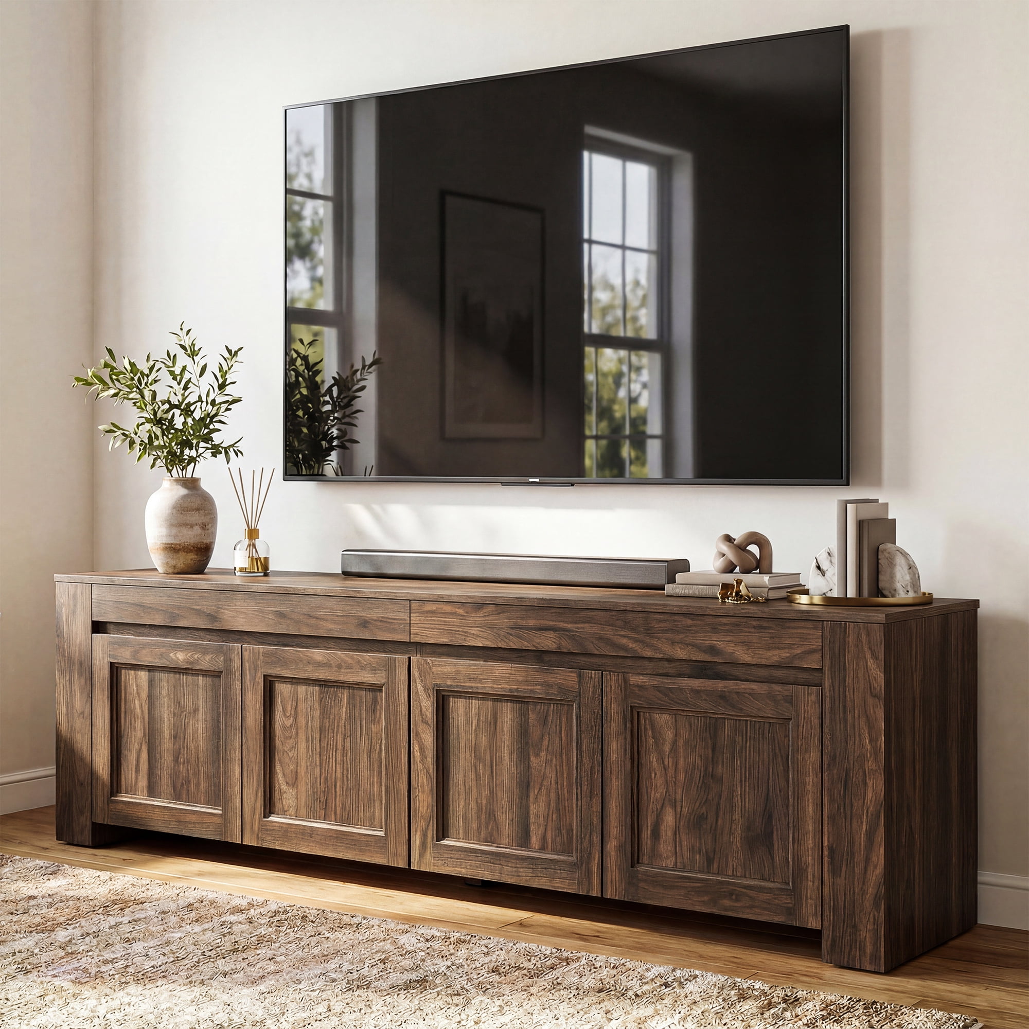 Uforic 70 Inch Modern Farmhouse TV Stand for Up to 80 Inch TVs with 4 Storage Doors & Inner Shelves for Living Room, Dark Walnut