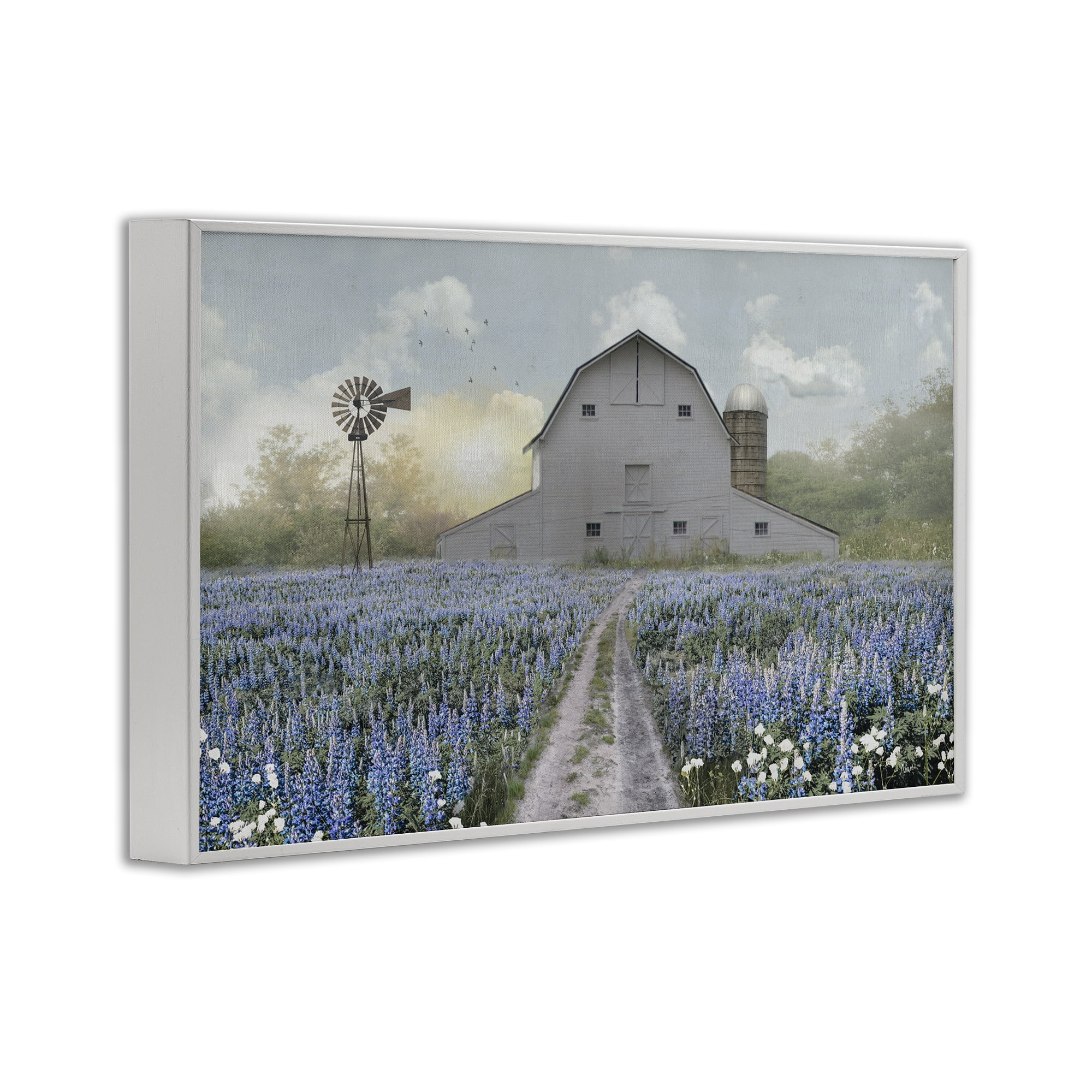 Stupell Industries Meadow of Blue Flowers & Barn White Framed Giclee Art, design by Nan