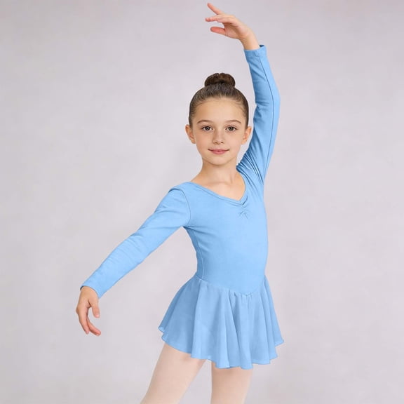 BRGZLK Ballet Dance Dress for Girls Spring Summer Solid Color Long Sleeve V-Neck Jumpsuit Gymnastics Outfits Tutu Dress Dance Costumes Outfit Blue 3-4 Years