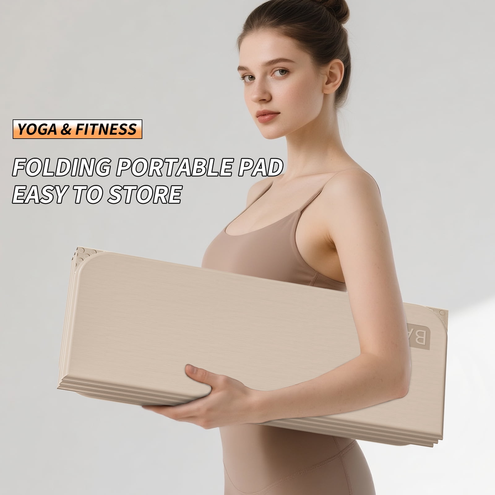 BAIMA Foldable Yoga Mat 10mm Thick , Workout Mats for Home Gym , Pilates,Quick Unfold/Stor,Non-Slip Surface,3.5lbs(Beige)