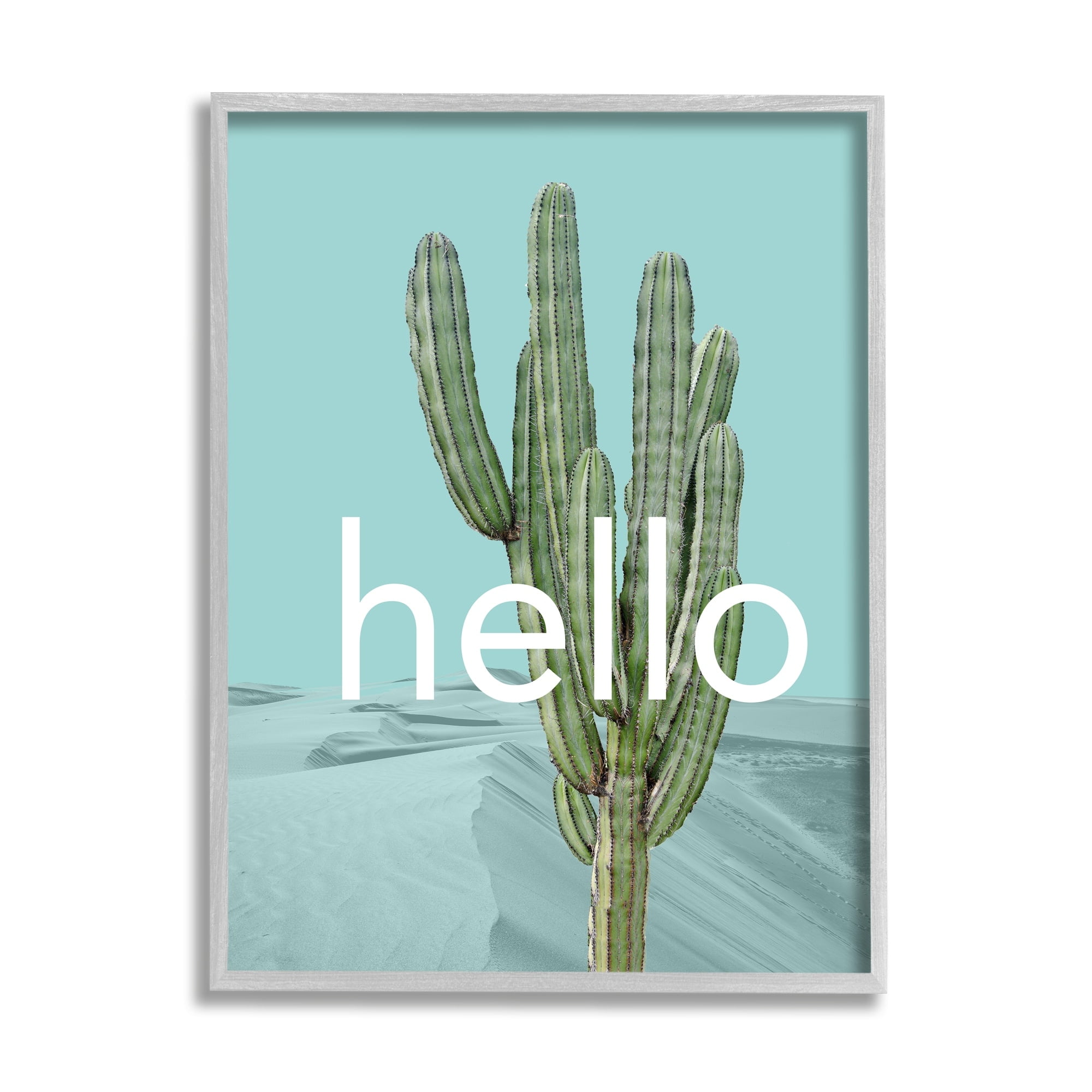 Stupell Industries Bold Hello Cactus Greeting Blue Desert Dunes Graphic Art Gray Framed Art Print Wall Art, Design by J. Weiss