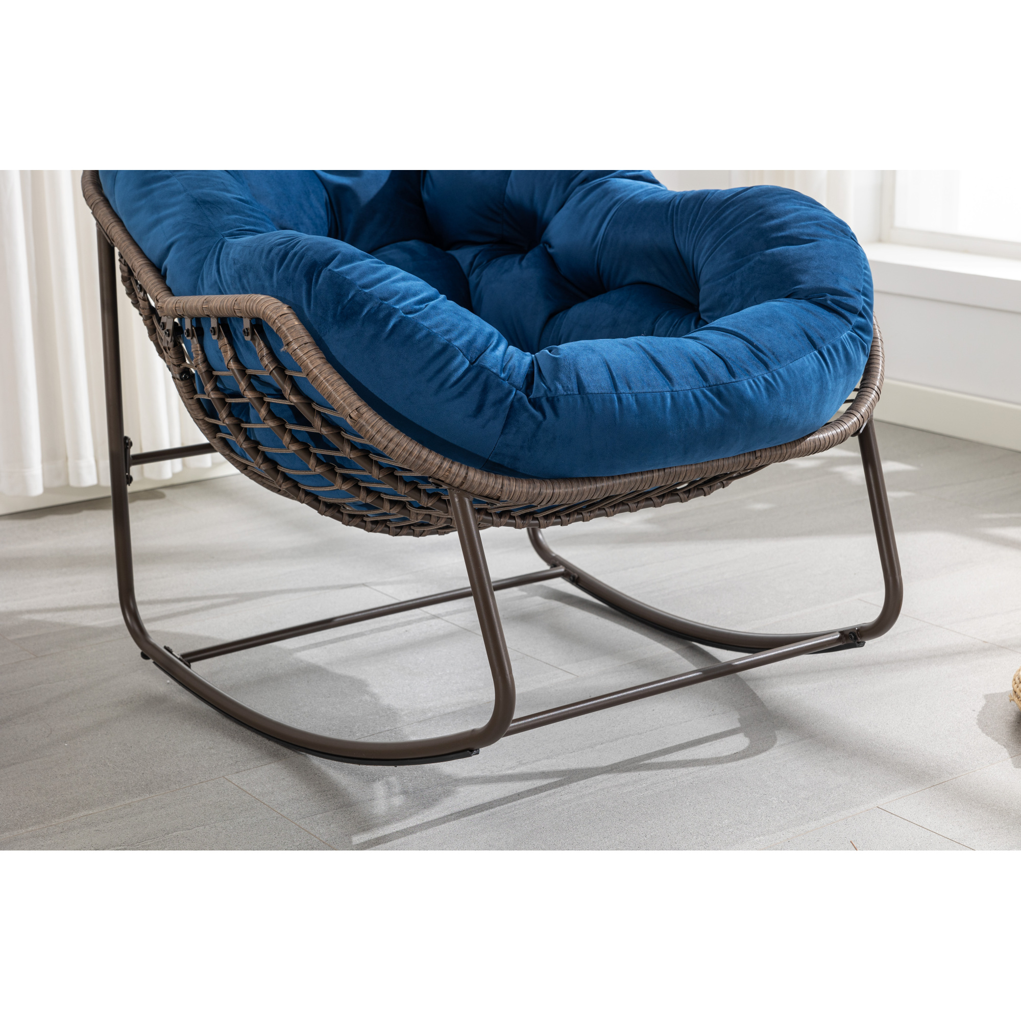 Leumius Outdoor Rattan Rocking Chair, Padded Cushion Rocker Recliner Chair Outdoor for Front Porch Living Room Patio Garden, Navy Blue