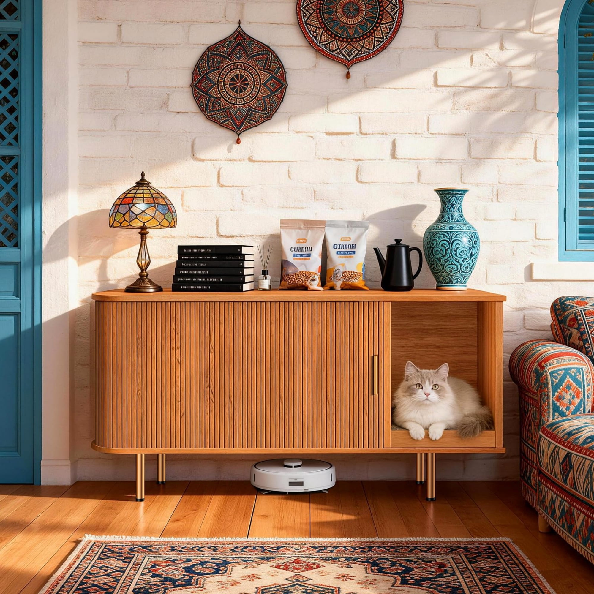 Cat Litter Box Enclosure Furniture with Sliding Door, Hidden Cat House Cabinet with Scratch Pad, Modern TV Stand Side Table, Yellow