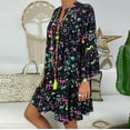 thumbnail image 3 of Winter Fall Dresses for Women Wedding Guest Long Sleeve Ladies Plus Size Loose Print V-Collar Button Mini Dress, 3 of 7